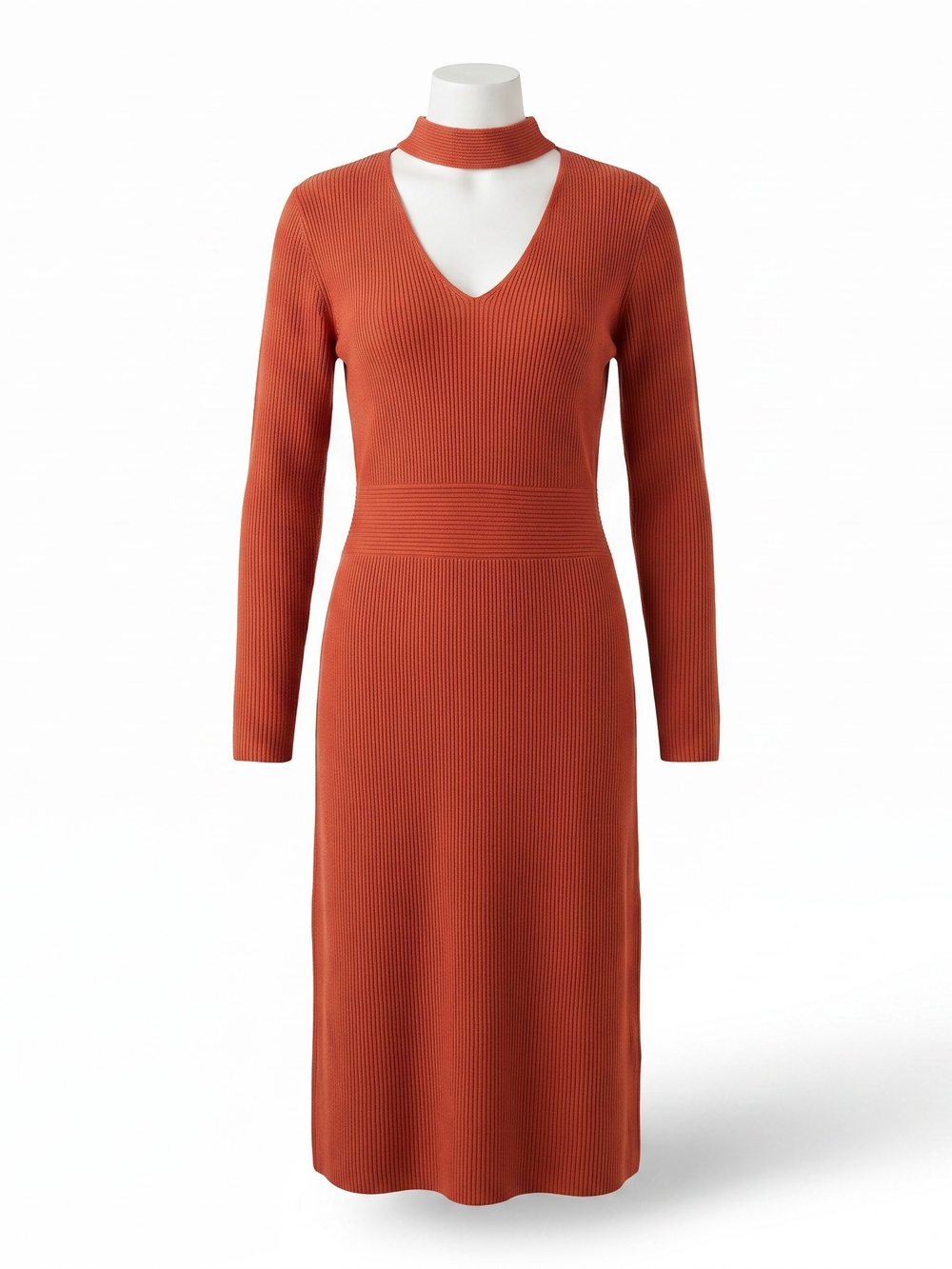 Endless Rose Rust Ribbed V-Neck Choker Midi Dress